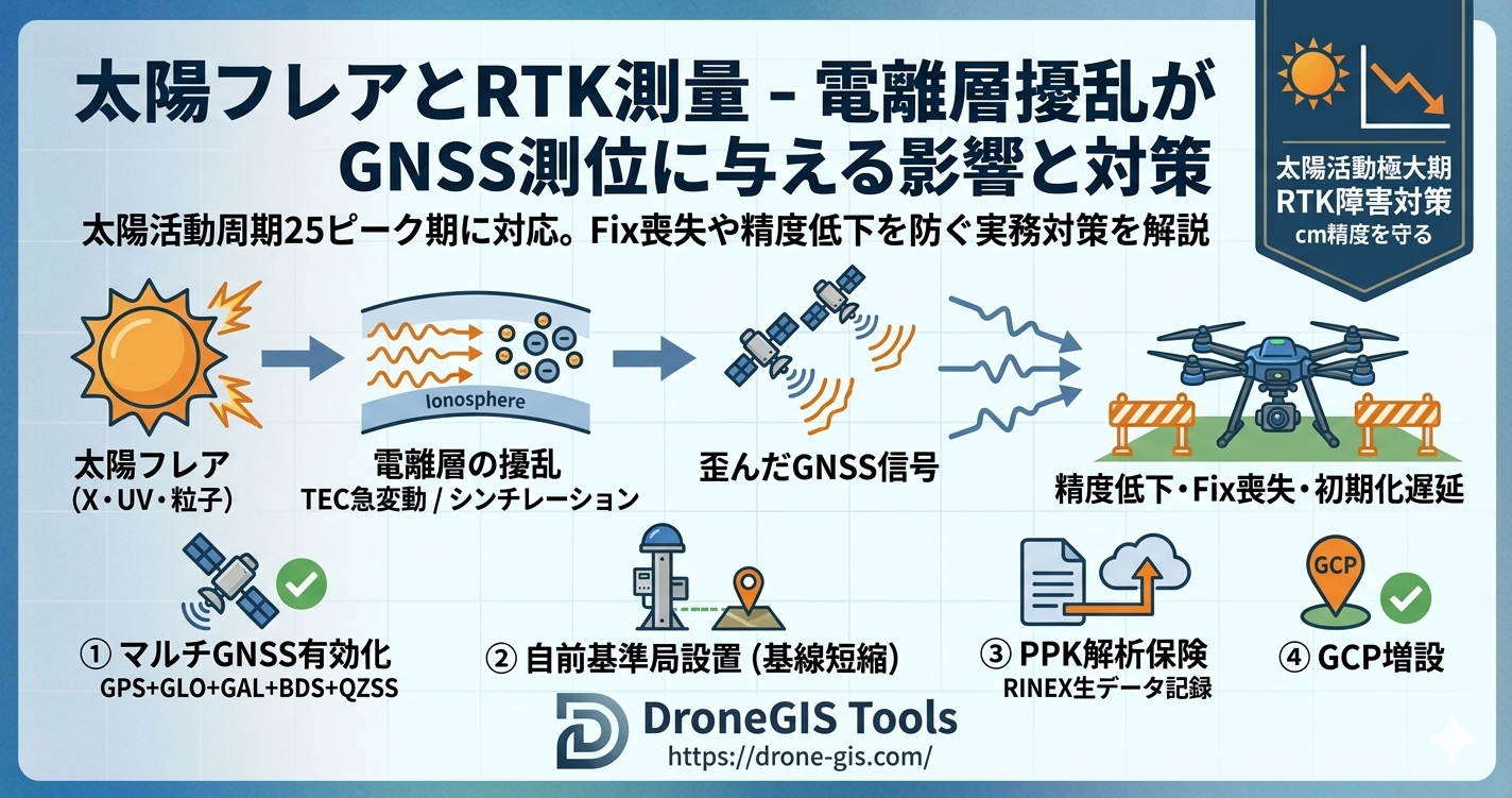 太陽フレアにより電離層が擾乱されGNSS信号が歪んでRTK測位の安定性が低下する概念図